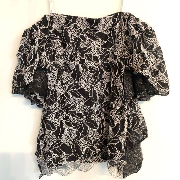 Halston Heritage Off the Shoulder Flounce Mesh Lace Embroidered Top 12 14 - Picture 5 of 8